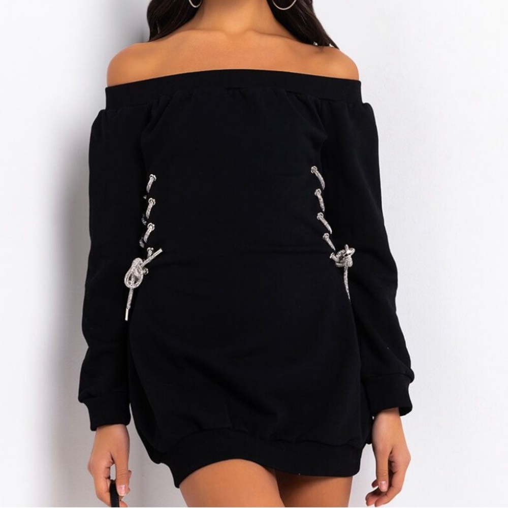 NWT Off shoulder long sleeve mini dress with rhinestone lace up